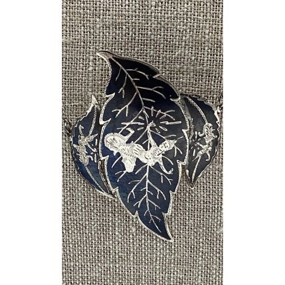 Vintage Siam Sterling Silver & Enamel Leaf Pendant Necklace 14.39g - 20" long - Picture 2 of 8